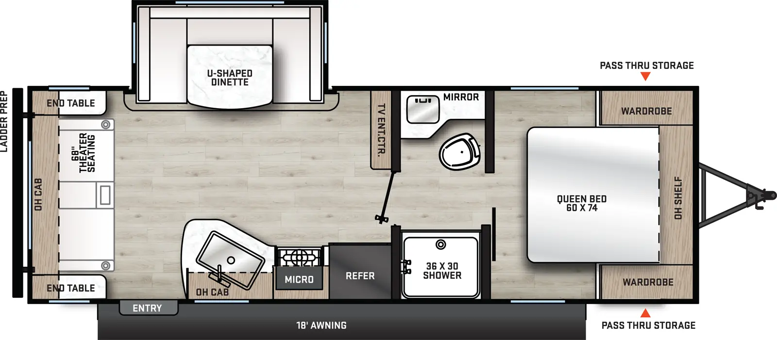 The 231MKS has one slide out and one entry door. Exterior features an 18 foot awning, and front pass-thru storage. Interior layout front to back: foot facing queen bed with overhead shelf and wardrobes on each side; pass-through full bathroom; entertainment center along inner wall; off-door side u-dinette slide out; door side refrigerator, microwave, stove, sink,overhead cabinet and entry door; rear sofa with end tables on either side and cabinets overhead.